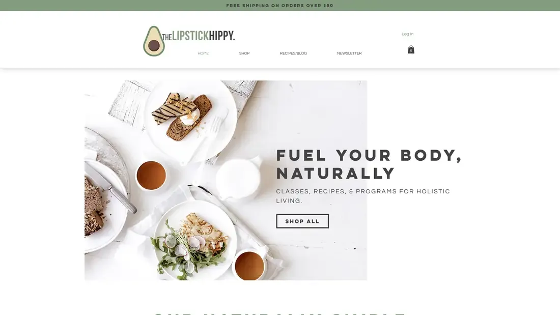 The Lipstick Hippy online store homepage with an organic products display