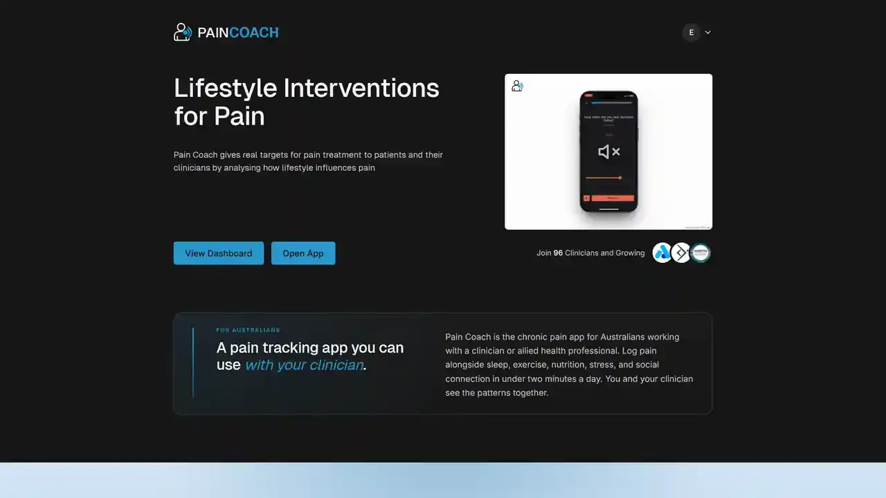 Pain Coach app dashboard showing pain tracking metrics