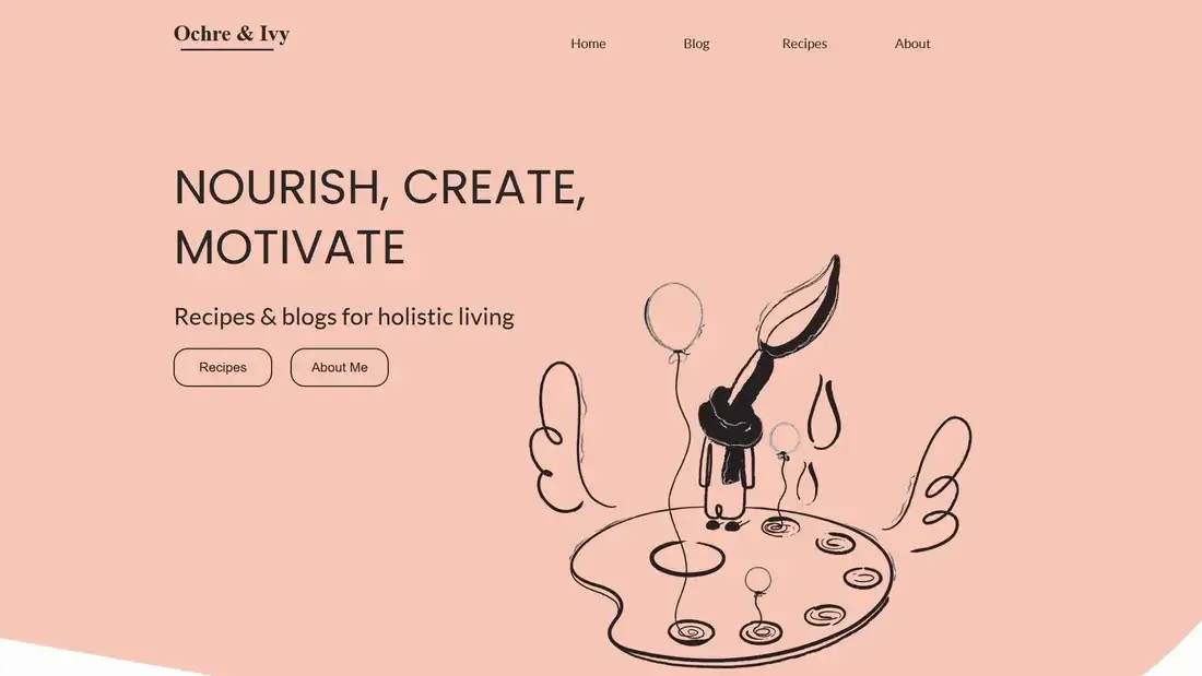Ochre & Ivy blog homepage with hand-drawn illustration and typography